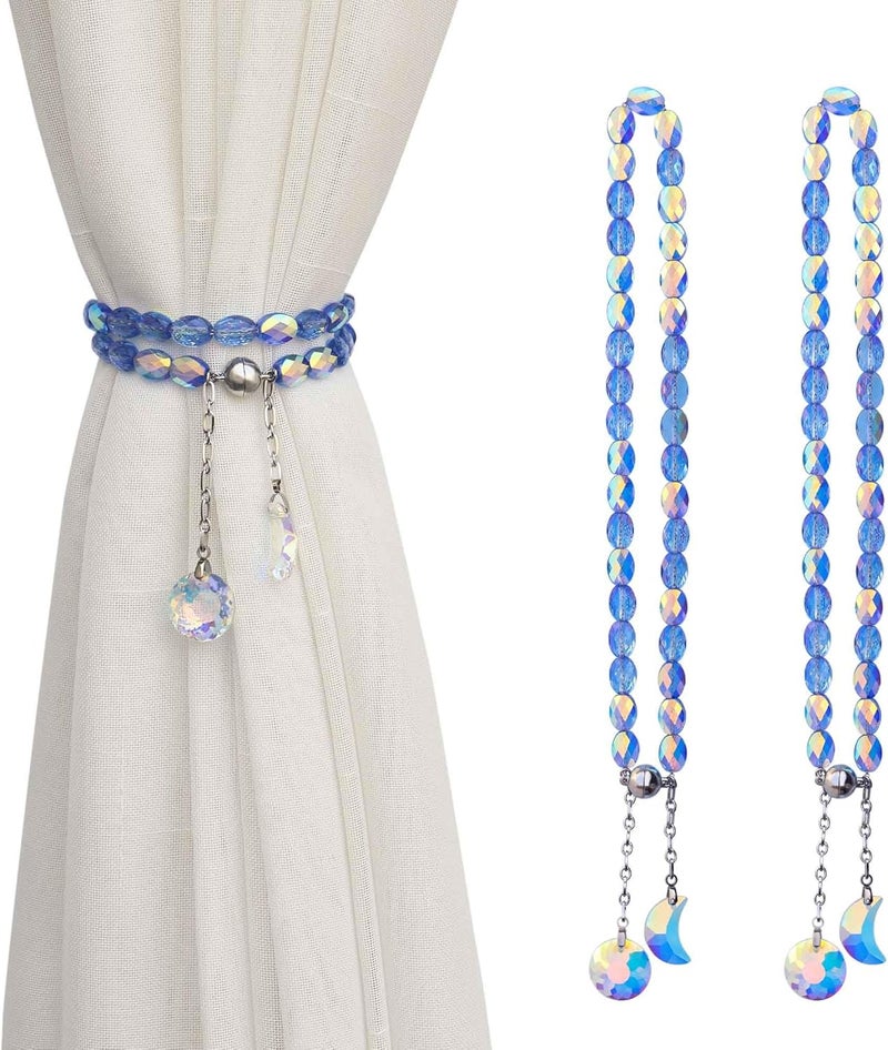Pedobo Magnetic Curtain Tiebacks, 2 Pack Crystal Beaded Sun & Moon Pendants Sheers/Draperies Holdbacks for Window Home Office Decor (Blue) - Image 1